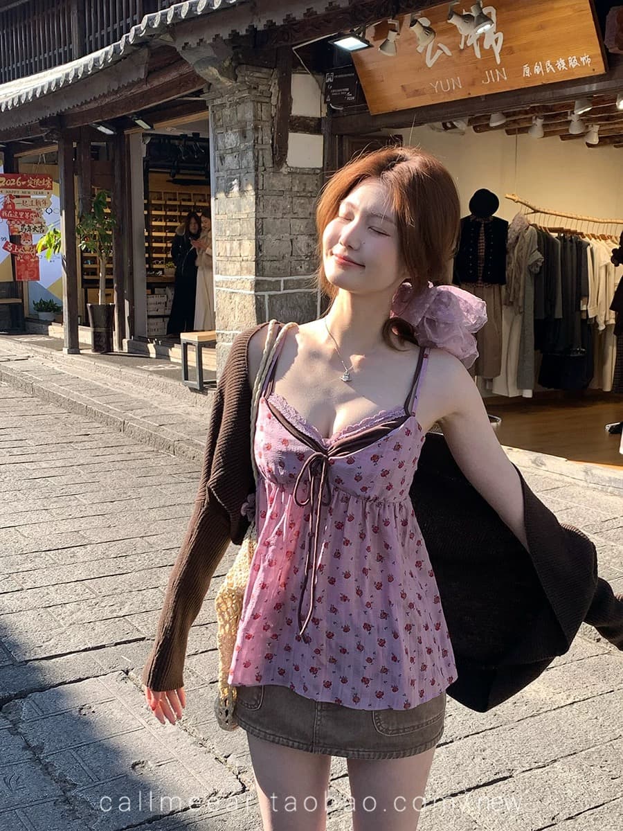 callmeear 오리지널 배색 꽃무늬 슬립 페이크 레이어드 V넥 순수한 욕망 조끼 여성 여성 달콤함 맨위 상세 이미지 2