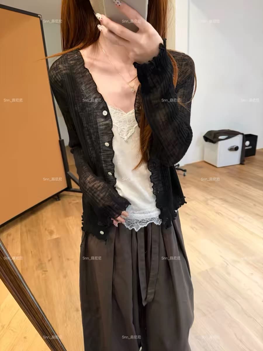 마늘 니켈 니켈 한 눈 청 ~을 통해 디스플레이 얇고 작은 외부 가져 가라. V넥 부서 버클 업 의류 품격 슬림해 보이는 오픈 가디건 여성 코트 351 이미지 2