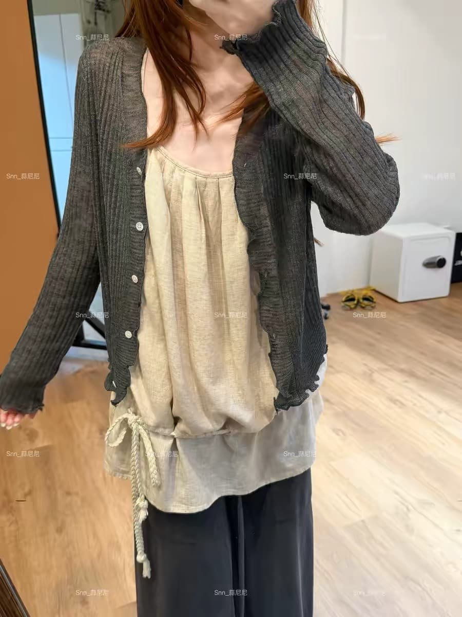 마늘 니켈 니켈 한 눈 청 ~을 통해 디스플레이 얇고 작은 외부 가져 가라. V넥 부서 버클 업 의류 품격 슬림해 보이는 오픈 가디건 여성 코트 351 상세 이미지 3