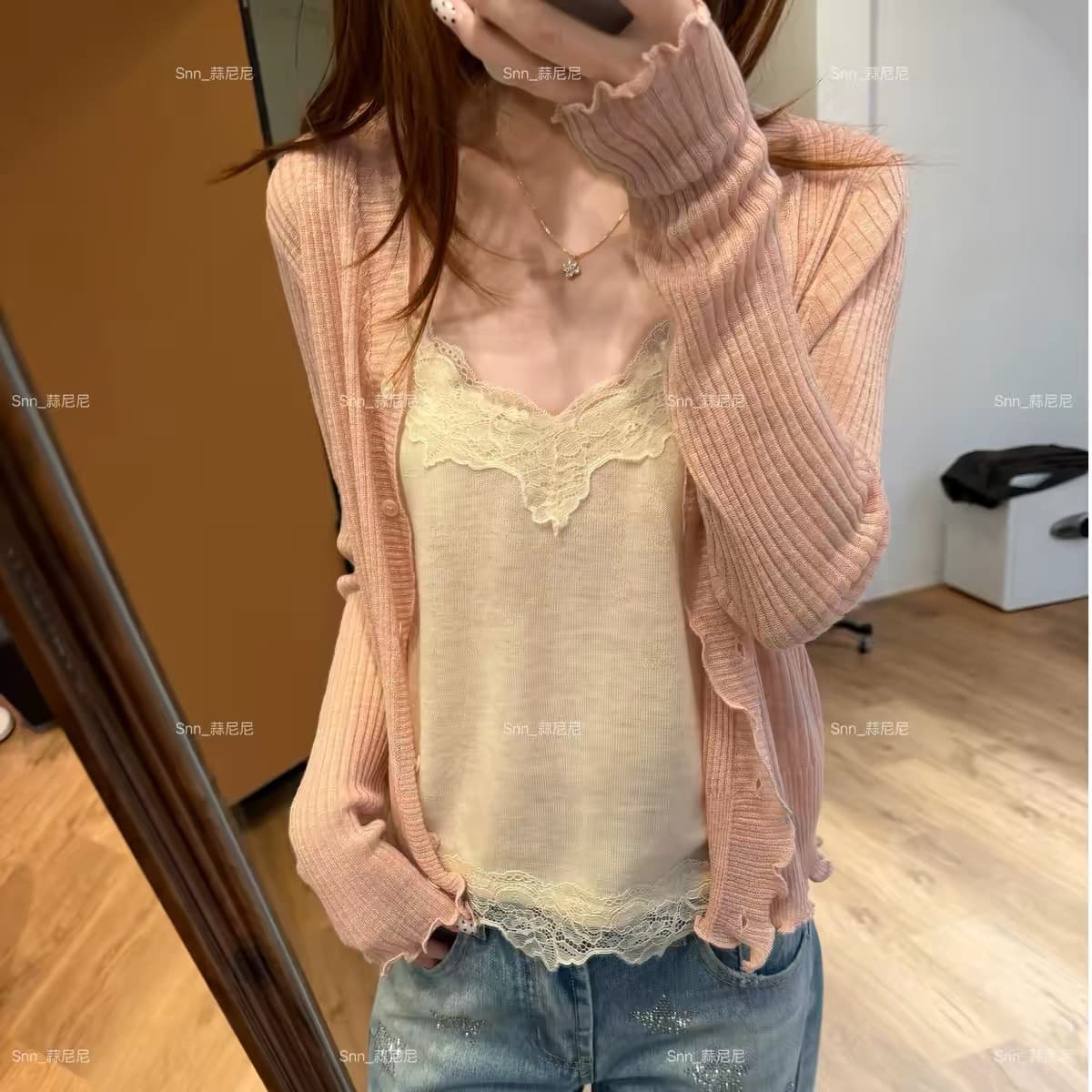 마늘 니켈 니켈 한 눈 청 ~을 통해 디스플레이 얇고 작은 외부 가져 가라. V넥 부서 버클 업 의류 품격 슬림해 보이는 오픈 가디건 여성 코트 351 상세 이미지 6