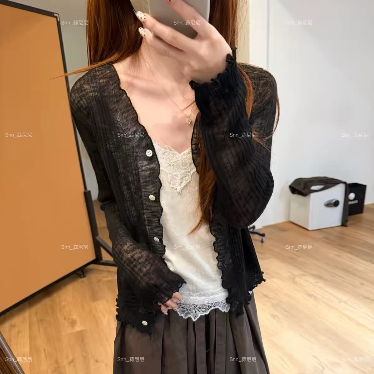 마늘 니켈 니켈 한 눈 청 ~을 통해 디스플레이 얇고 작은 외부 가져 가라. V넥 부서 버클 업 의류 품격 슬림해 보이는 오픈 가디건 여성 코트 351 상세 이미지 7