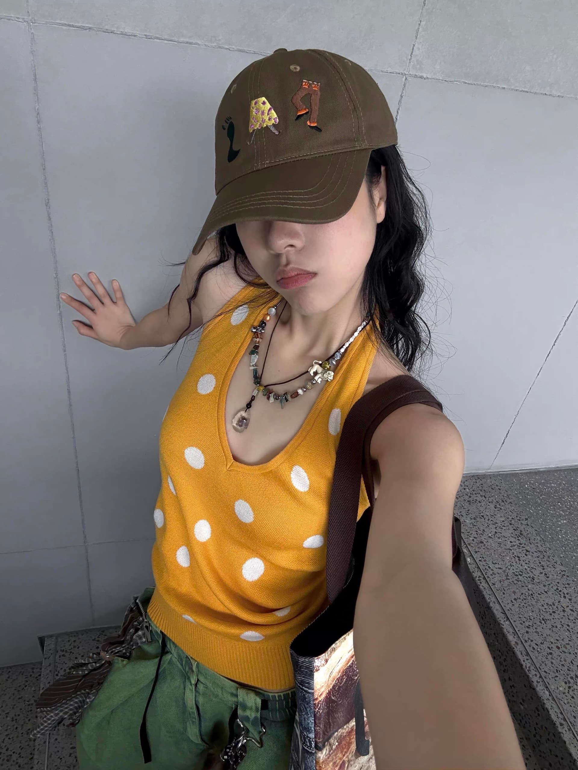 placeorder 웨이브 어린이 소다 주황색 도트 무늬 몸매 가꾸기 행침 목 민소매 아세트산 양모 조끼 맨위 여름
