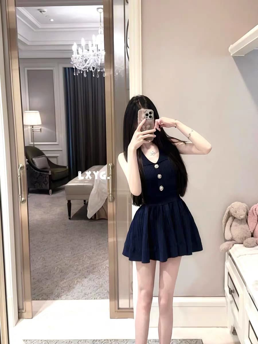 lxyg 작은 샤넬 스타일 폴로 칼라 꼬집기 허리 민소매 여성 드레스 여름 고급 센스 몸매 가꾸기 슬림해 보이는 아름다운 프랑스식 미니 스커트 이미지 2