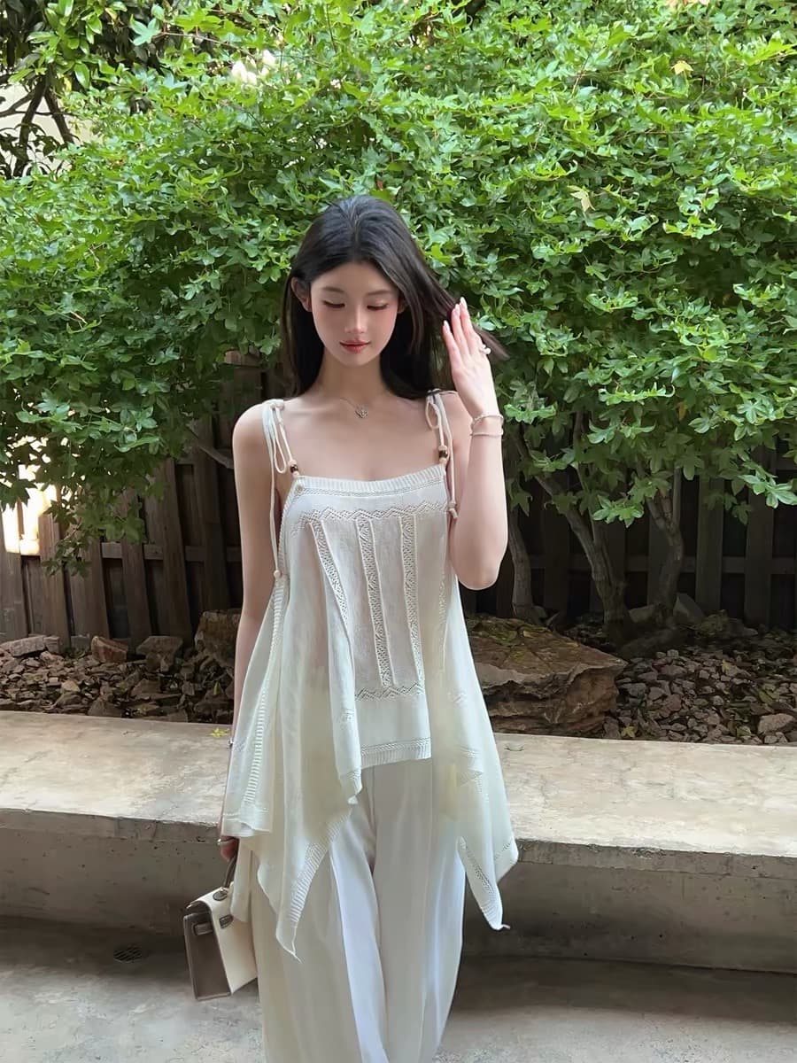 fairyjiang 여름 보헤미안 바람 화이트 홀로우 아웃 니트 캐미솔 외출용 얇은 스타일 맨위 상세 이미지 2