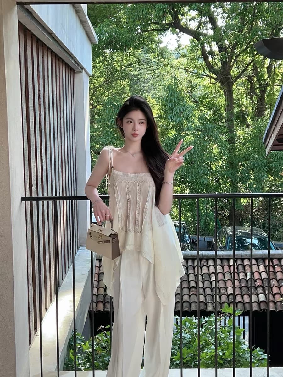 fairyjiang 여름 보헤미안 바람 화이트 홀로우 아웃 니트 캐미솔 외출용 얇은 스타일 맨위 상세 이미지 5