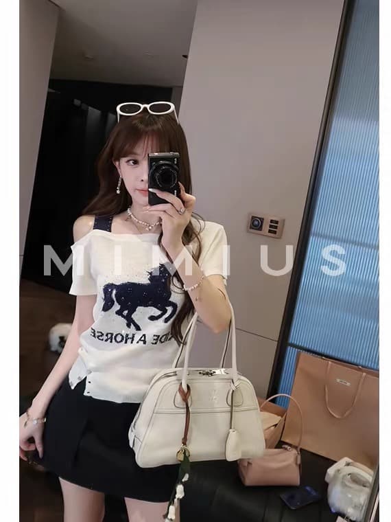 수영하다 사슴 사슴 블루 좋은 주간 실크 배색 무거운 작업 핫픽스 작은 말 비스듬한 어깨 반팔 티셔츠 여성 여름 몸매 가꾸기 슬림해 보이는 맨위 상세 이미지 1