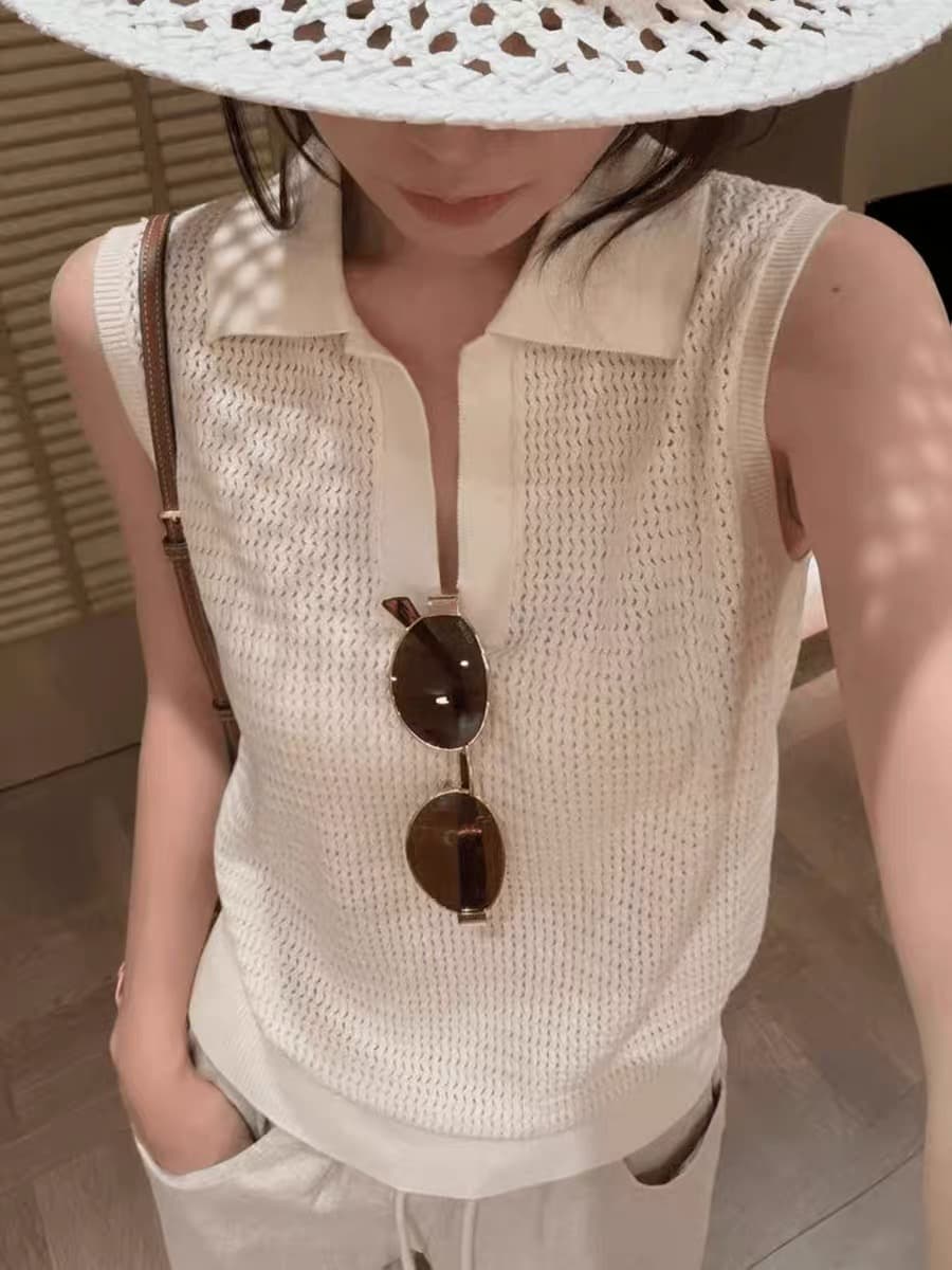 프랑스식 레트로 POLO 칼라 홀로우 아웃 얼음 실크 니트 조끼 여성 여름 얇고 가벼운 통기성 슬림해 보이는 다용도 민소매 맨위 이미지 3