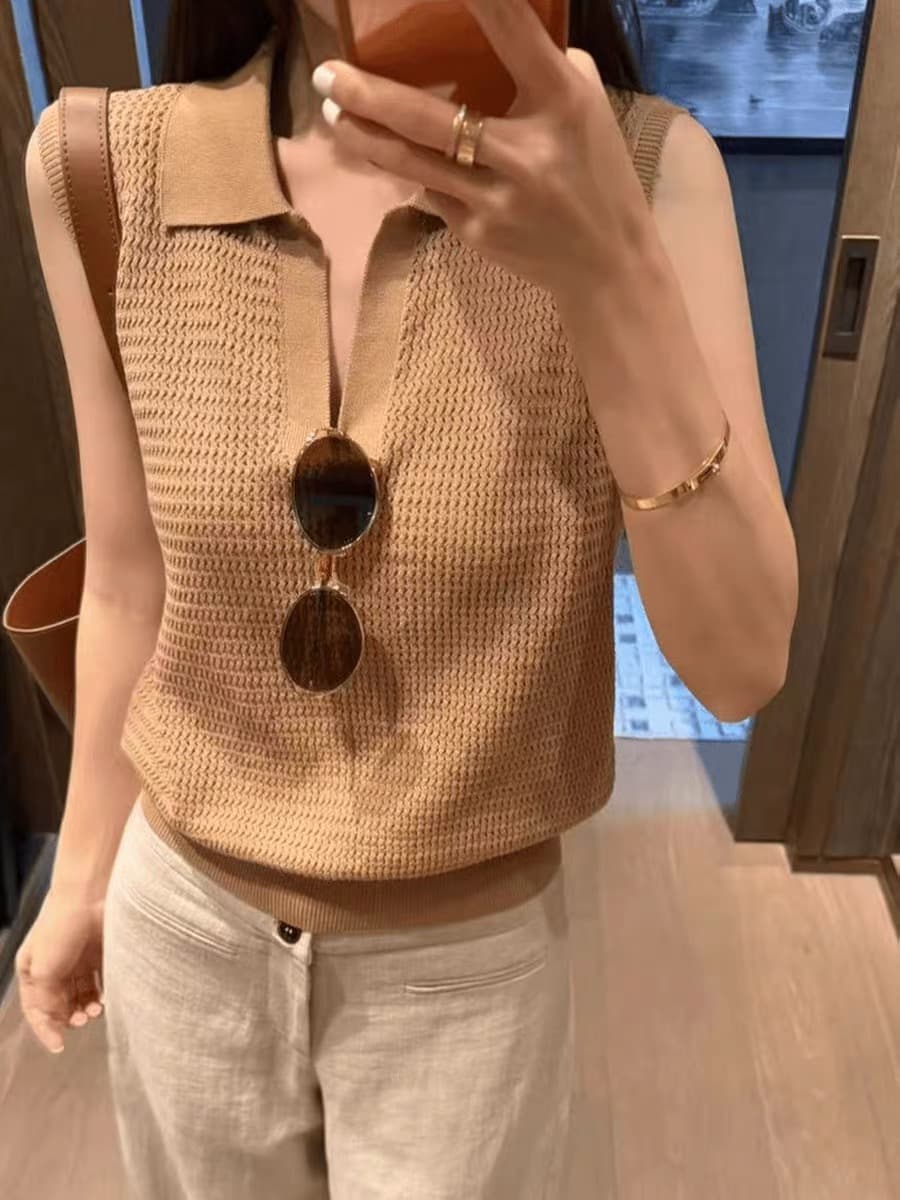 프랑스식 레트로 POLO 칼라 홀로우 아웃 얼음 실크 니트 조끼 여성 여름 얇고 가벼운 통기성 슬림해 보이는 다용도 민소매 맨위 상세 이미지 2