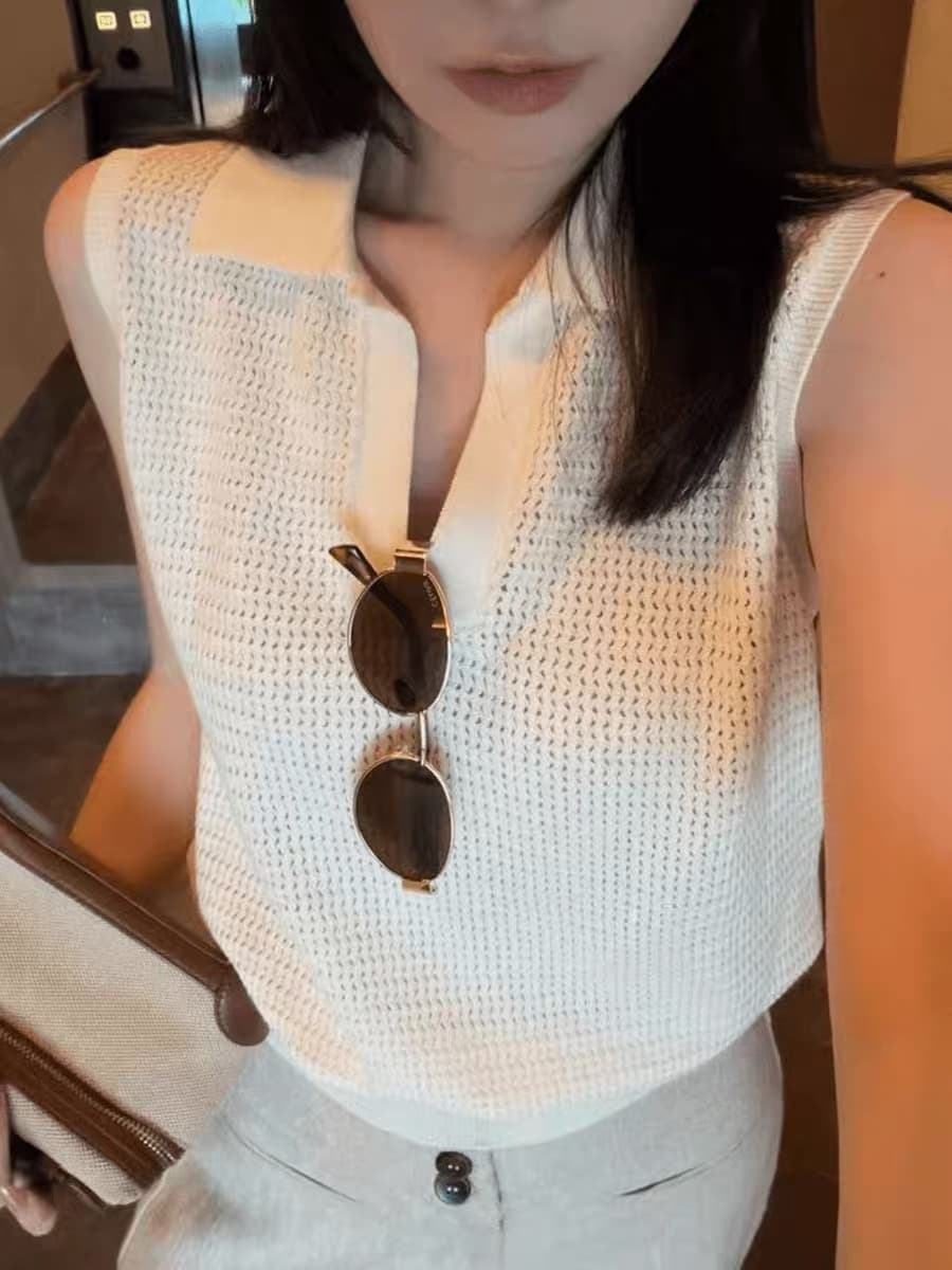 프랑스식 레트로 POLO 칼라 홀로우 아웃 얼음 실크 니트 조끼 여성 여름 얇고 가벼운 통기성 슬림해 보이는 다용도 민소매 맨위 상세 이미지 5