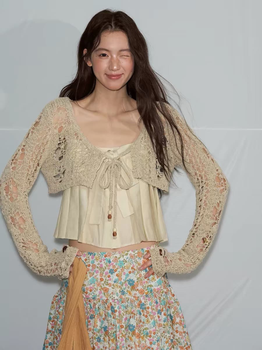 soolrok 소나무 아니요 라임 하나 여름 오리지널 패치워크 니트 홀로우 아웃 쇼트 스타일 다용도 자외선 차단 오픈 가디건 맨위 상세 이미지 2
