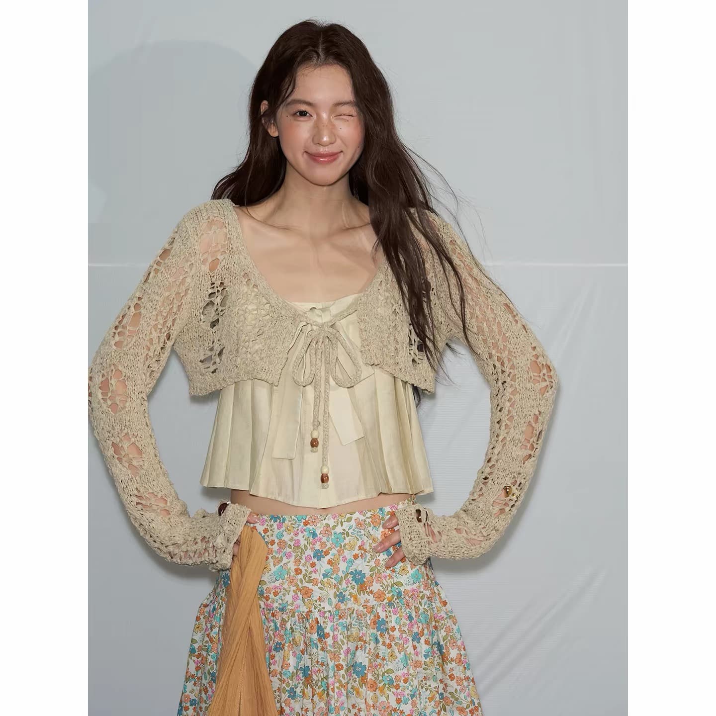 soolrok 소나무 아니요 라임 하나 여름 오리지널 패치워크 니트 홀로우 아웃 쇼트 스타일 다용도 자외선 차단 오픈 가디건 맨위 상세 이미지 6