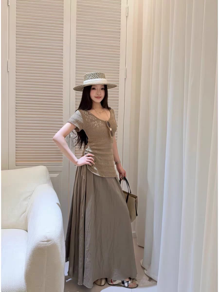 사슴 사슴 주황색 섬 부드러운 디자인 센스 펌프 로프 V넥 반팔 여성 여름 한 부서 슬림해 보이는 다용도 맨위 d3102 이미지 2