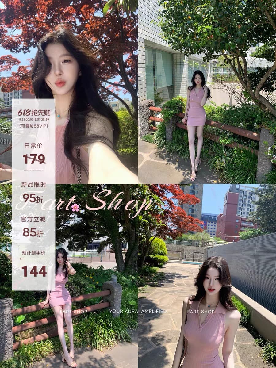 fart shop 딸기 소프트 캔디 핑크색 폴로 칼라 민소매 조끼 여성 드레스 봄 여름 타이트 스커트 천천히 여단 치마 상세 이미지 1