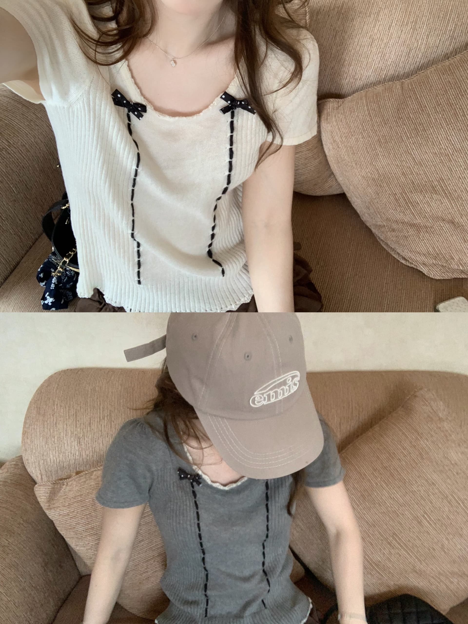 yoursjin miu 부서 레이스 나비 매듭 소녀 센스 니트 스웨터 반팔 t 닫기 피팅 면 100% 얇은 스타일 상세 이미지 1
