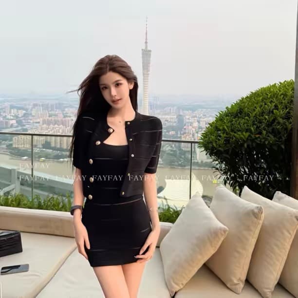 fay 더블 인쇄물 빛 요리 한 바람 품격 중간 소매 니트 유럽 오간자 패치워크 슬립 드레스 재킷 세트 상세 이미지 6