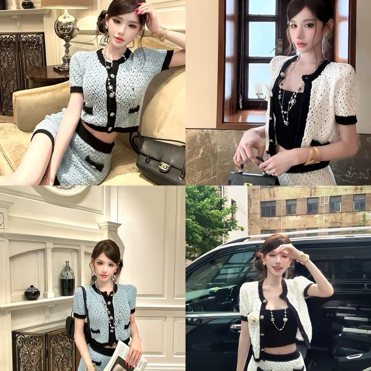 먼지 덩 덩 작은 샤넬 스타일 세트 여성 2026 여름 새로운 반팔 니트 오픈 가디건 반신 스커트 투피스 세트 이미지 5