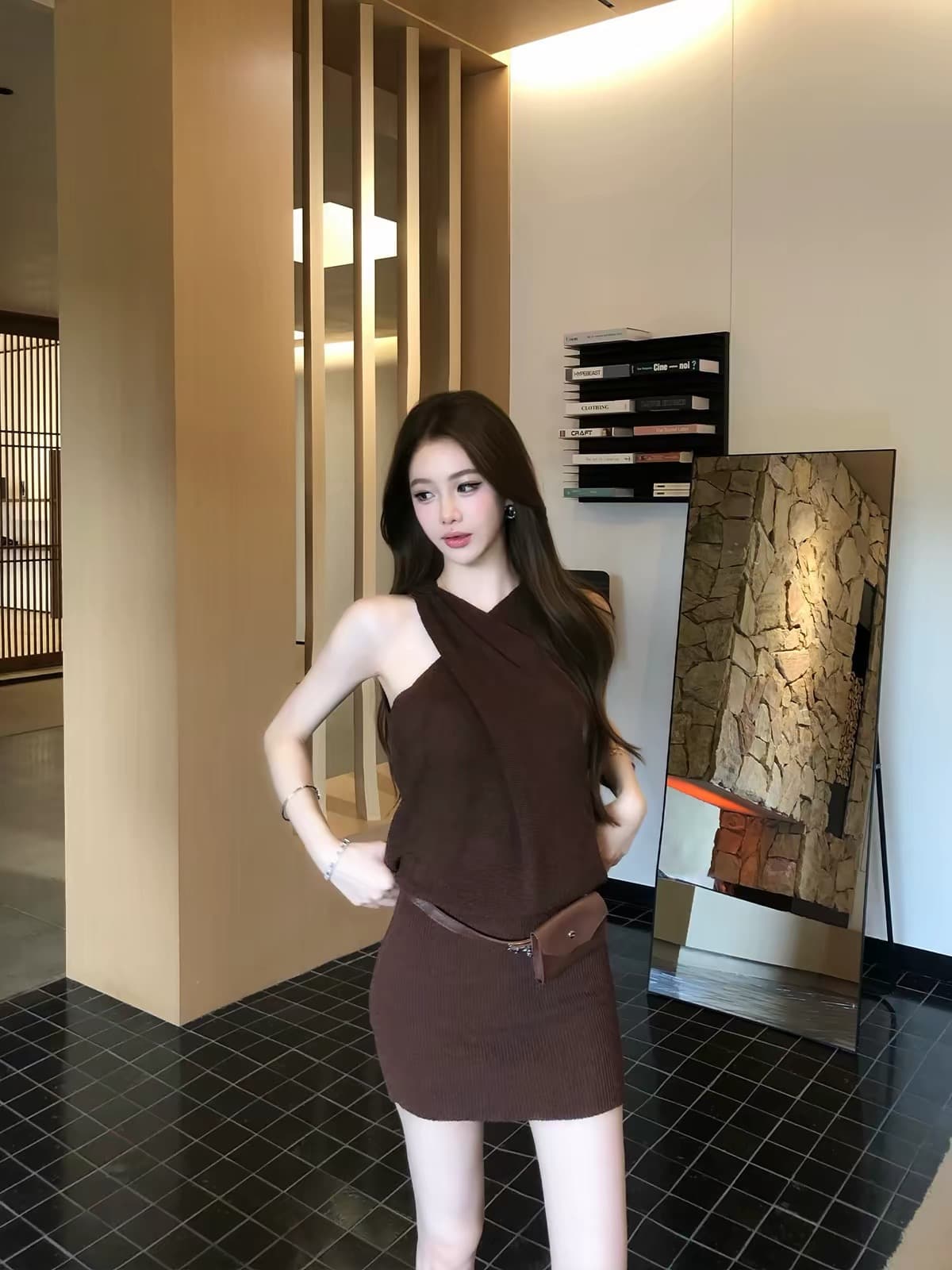 시드니 shirley 유리 아름다움 순수한 욕망 바람 행침 목 니트 미니 스커트 슬림해 보이는 섹시함 타이트 스커트 드레스 이미지 3
