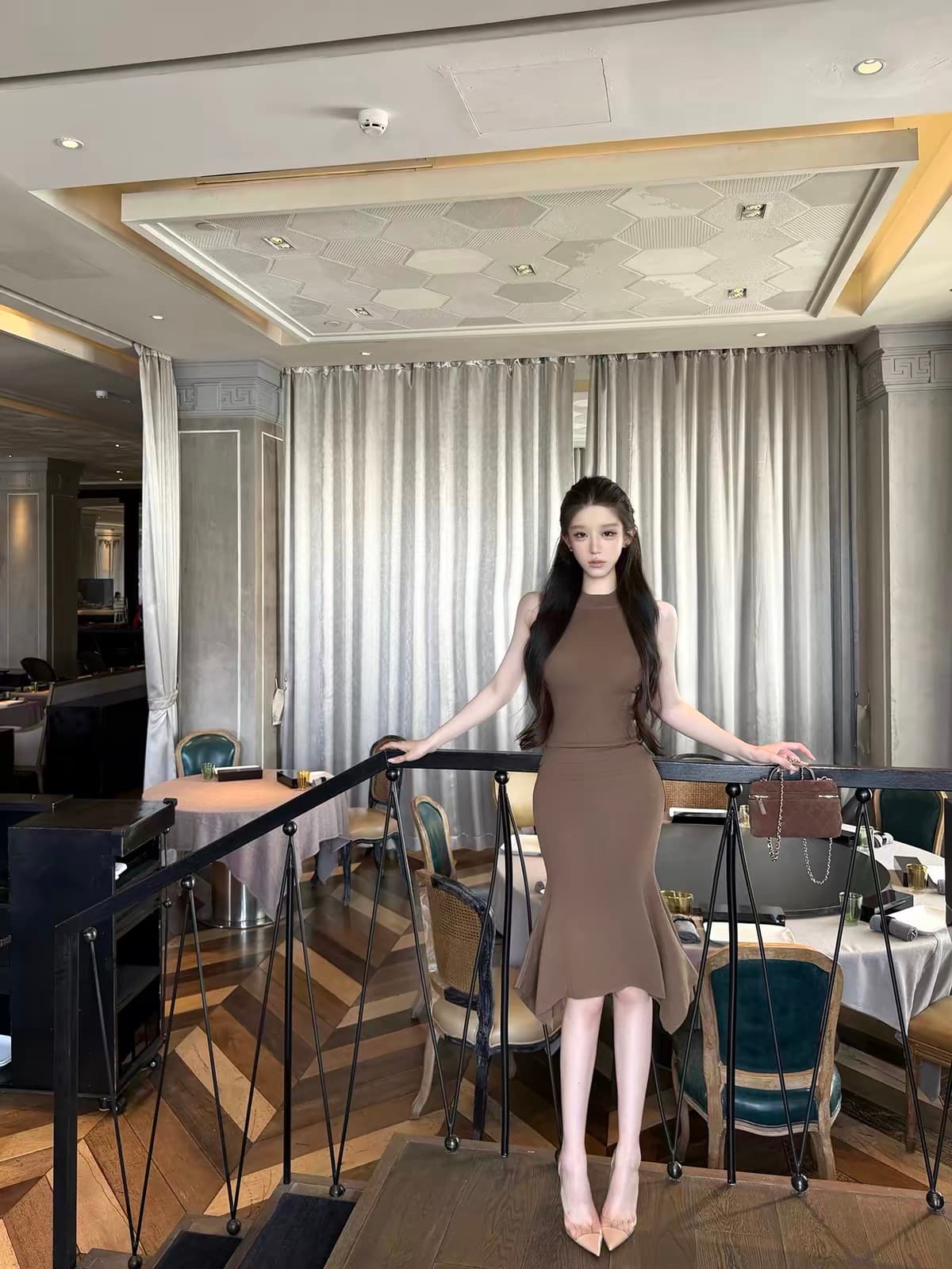 kubiliv 애지중지 인어 빛 요리 한 레트로 스타일 몸매 가꾸기 행침 목 니트 타이트 스커트 인어 꼬리 점프 슈트 치마 세트 상세 이미지 5