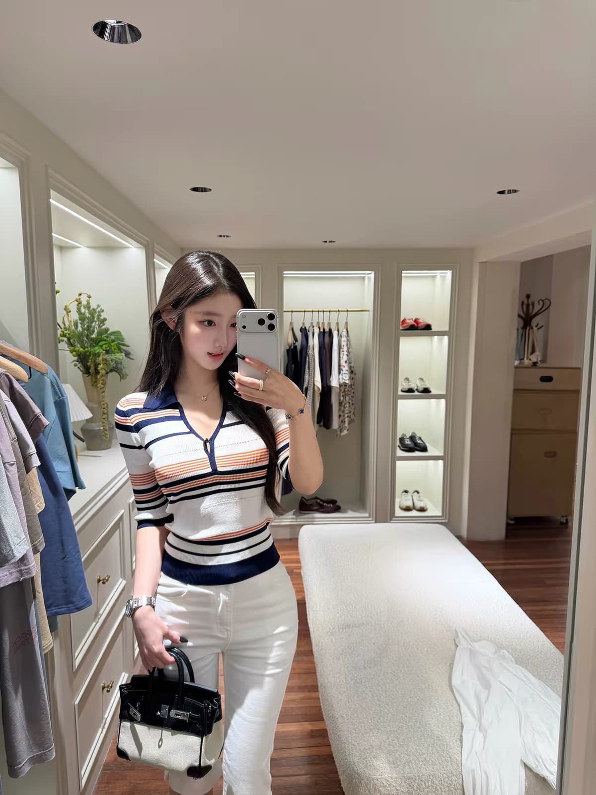 okmashop 오래된 돈 출퇴근 원단 단단한 실제로 질감 긍정적 인 어깨 중간 소매 배색 몸매 가꾸기 스트라이프 니트 스웨터 이미지 4