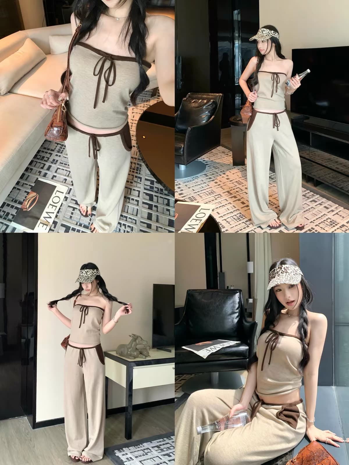 우 너무 달콤한 양모 배색 레이스업 튜브탑 조끼 여성 느긋한 바람 다용도 루즈핏 캐주얼 긴 바지 패션 세트 상세 이미지 1