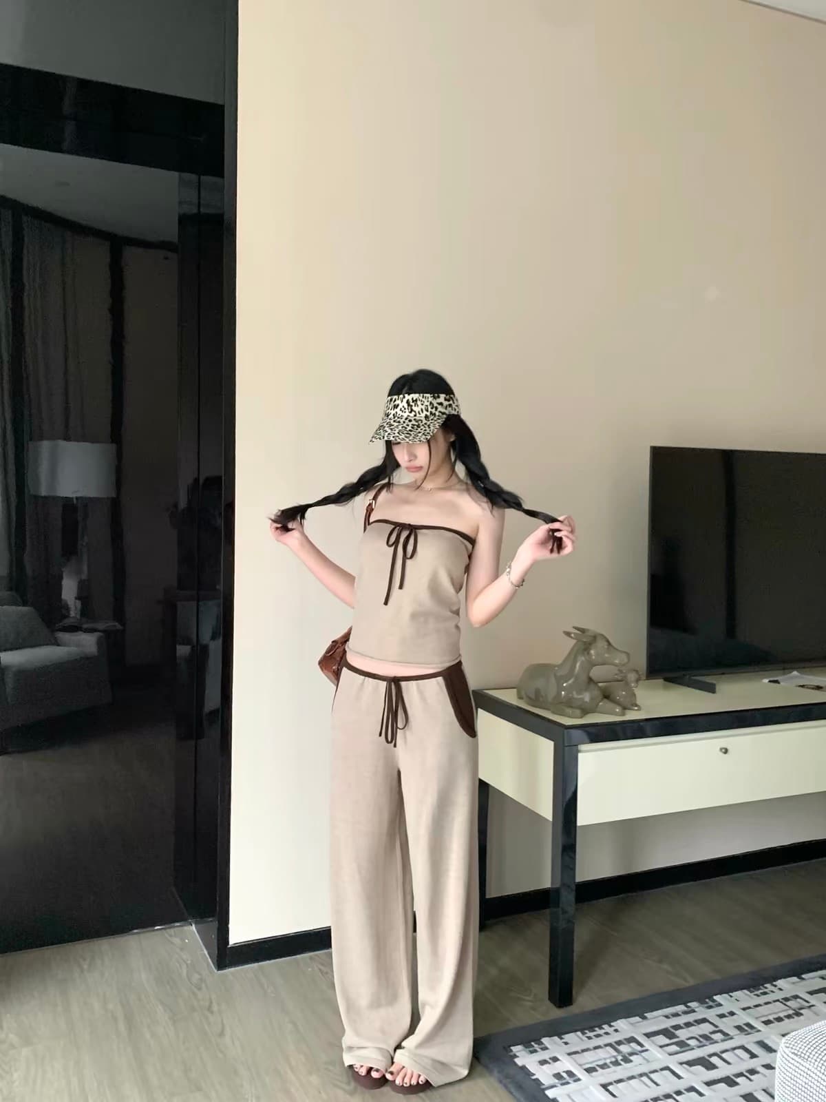 우 너무 달콤한 양모 배색 레이스업 튜브탑 조끼 여성 느긋한 바람 다용도 루즈핏 캐주얼 긴 바지 패션 세트 상세 이미지 2