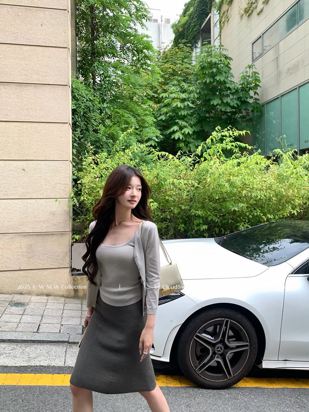 cloudsweet 흰 구름 달콤한 지능 wool 회색 니트 오픈 가디건 여성 슬립 맨위 몸매 가꾸기 반 스커트 세트 이미지 4