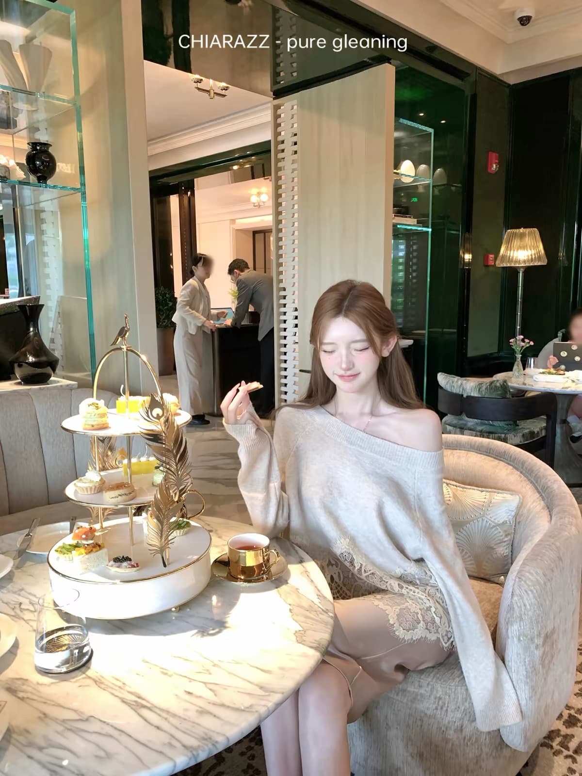 수영장 자오 짜오 chiarazz 빛 요리 한 중력 es 양모 모헤어 오트밀 색상 레이스 니트 스웨터 상세 이미지 1