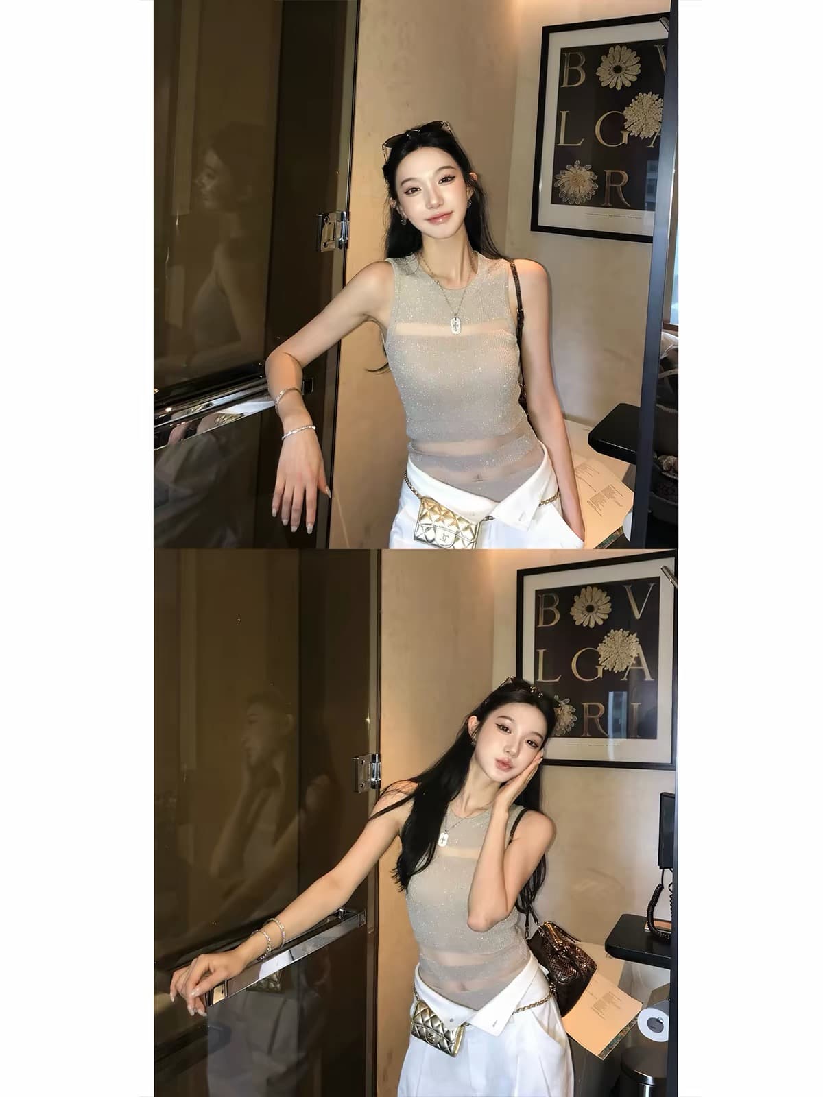 지구 Ouyang 부드러운 빛 판금 보존 섹션 엷 은 안개 마이크로 ~을 통해 빛 럭셔리 질감 좋은 플래시 니트 분할 홀로우 아웃 조끼 상세 이미지 2