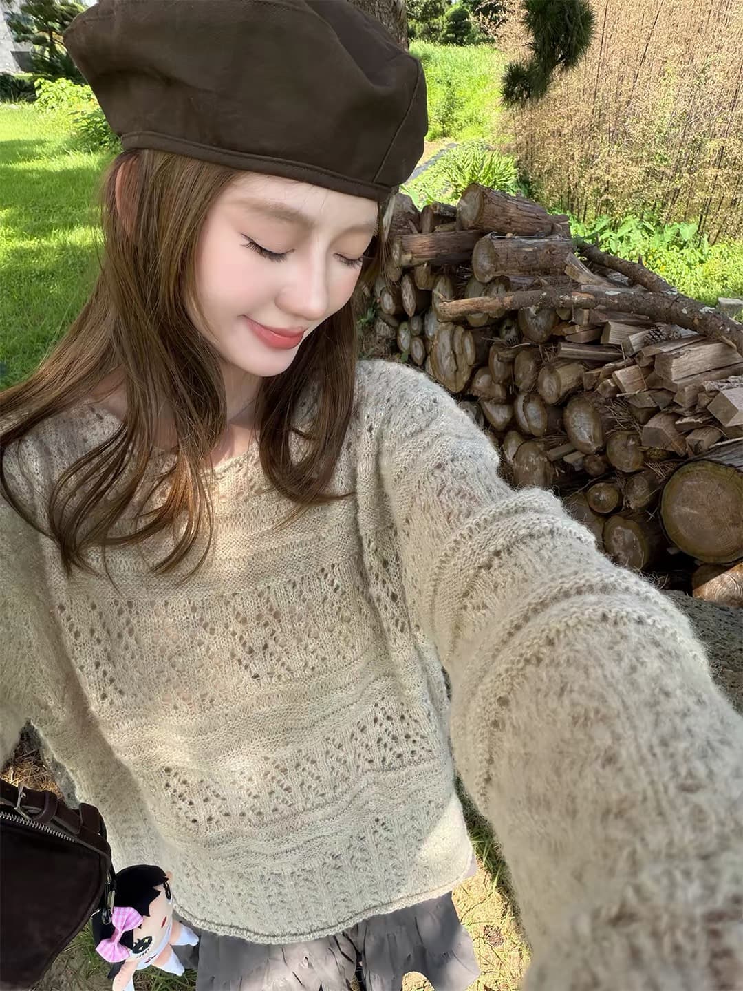 im ~까지 서리 와일드 알고있다. 가을 모헤어 부드러운 바람 홀로우 아웃 자수 니트 블라우스 루즈핏 라운드 넥 느긋한 스웨터 상세 이미지 5