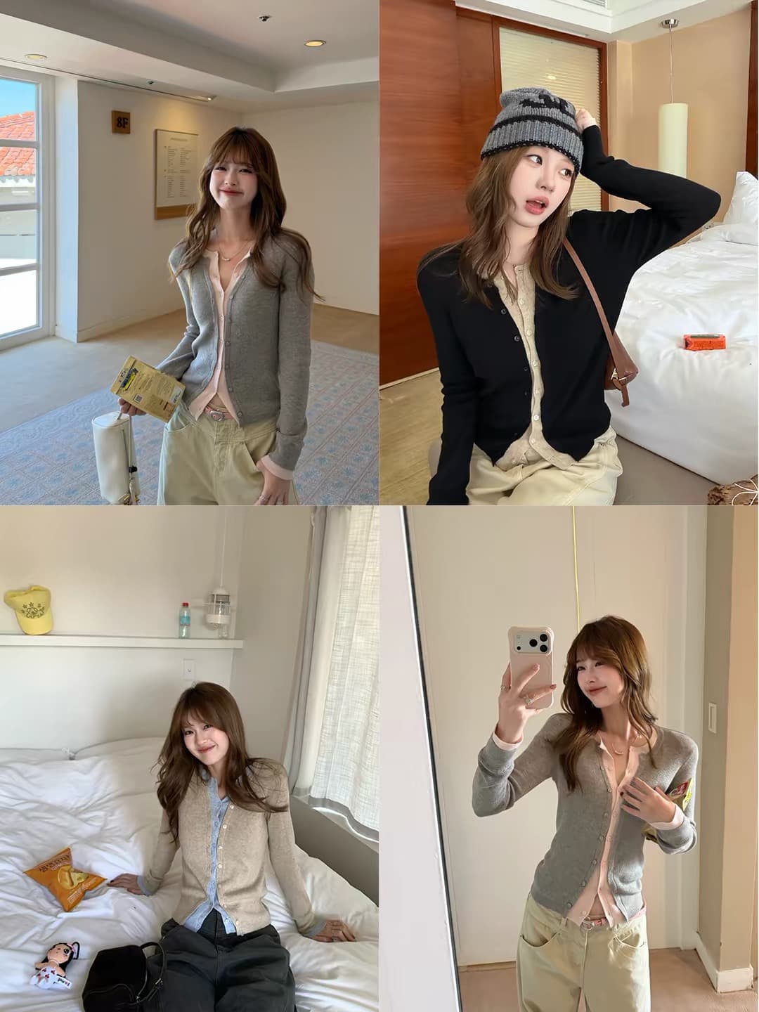 im ~까지 세련된 스택 음악 한 부서 계층의 감각 몸매 가꾸기 맨위 여성 페이크 레이어드 패치워크 색상 양모 니트 오픈 가디건