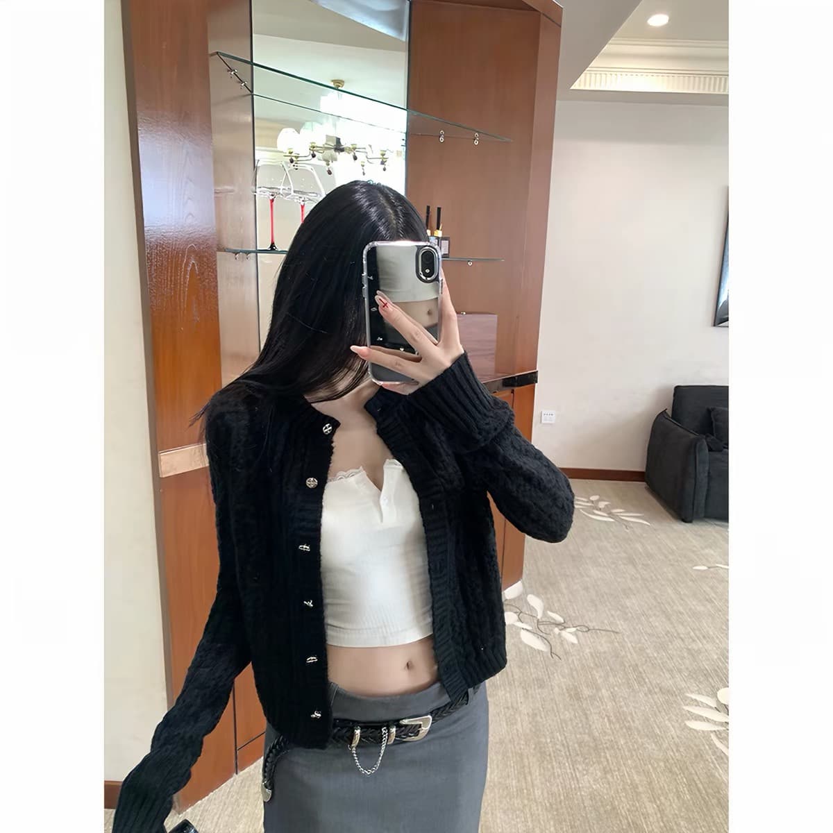 mosesqueen 마술 웨스트 여왕 디자인 센스 홀로우 아웃 니트 오픈 가디건 새로운 품격 몸매 가꾸기 쇼트 스타일 긴팔 맨위 이미지 2