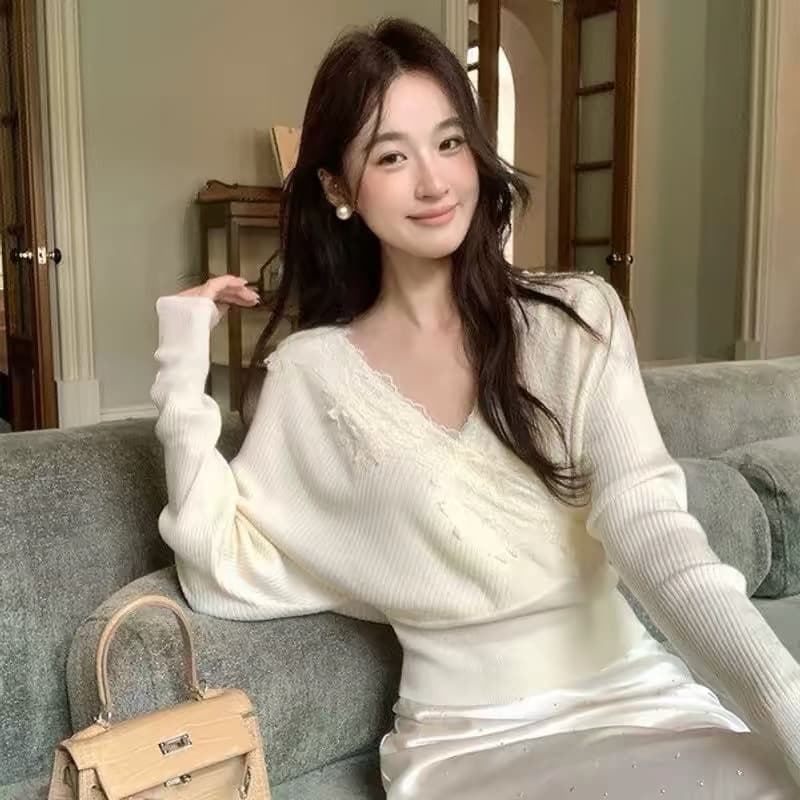 se gentle sun 보여주기 희 희 2826 가을 새로운 십자가 V넥 철자 레이스 슬림해 보이는 배트윙 소매 니트 스웨터 상세 이미지 3