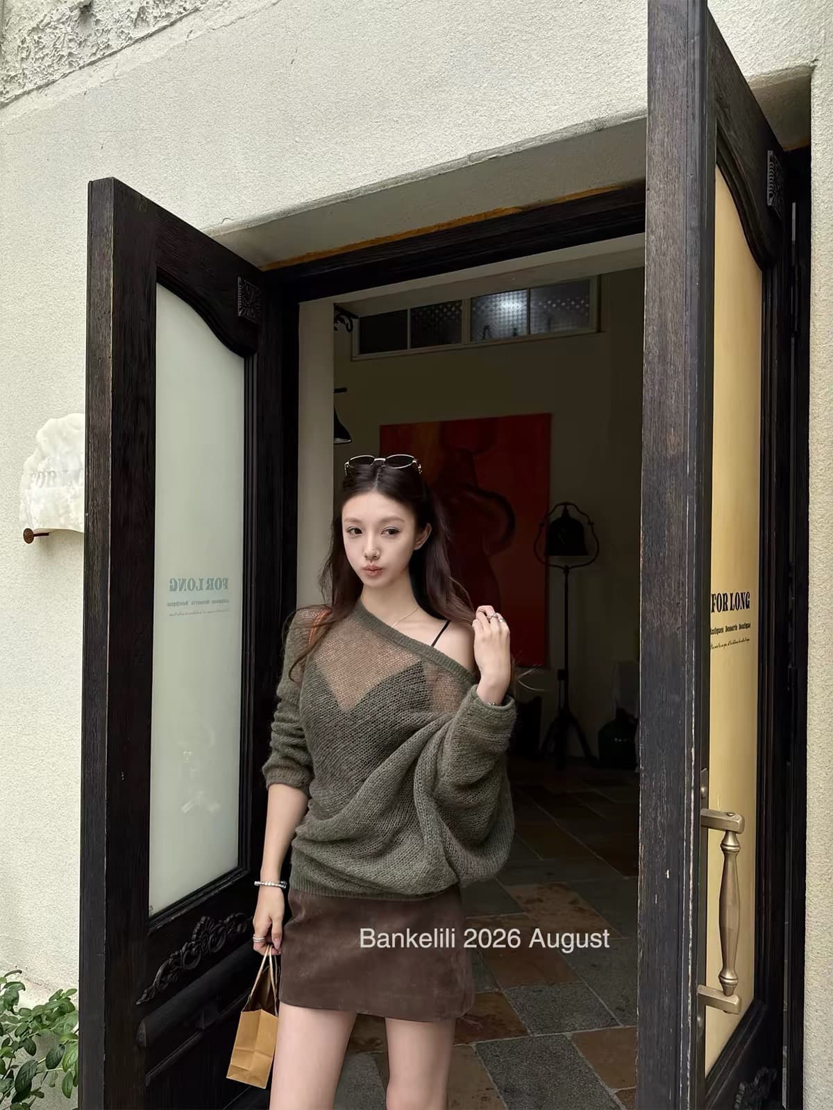 밤나무 코코아 bankelili 흐릿한 부드러운 피부 셔츠 비스듬한 어깨 모헤어 말뚝 더미 니트 스웨터 루즈핏 블라우스 여성 이미지 2