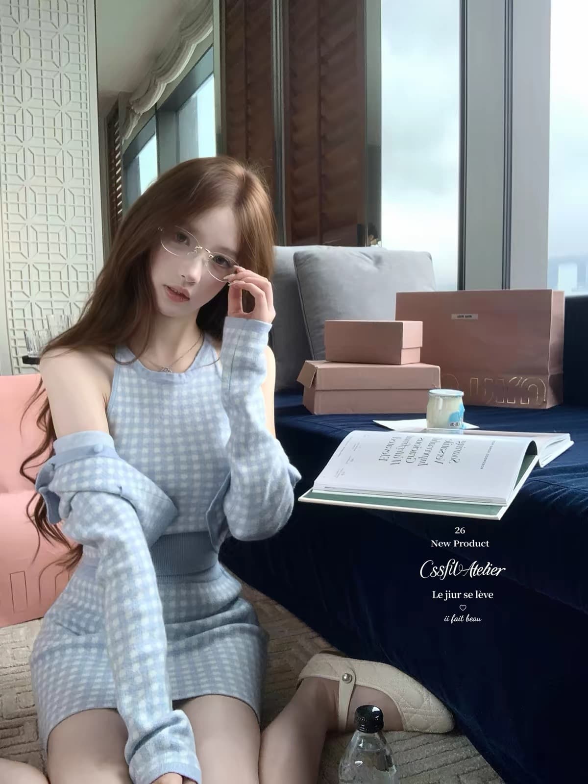 늦게 우산 우산 26 ss 바다 소금 향기로운 노래 주간 실크 양 털이 푸른 그리드 분말 그리드 오픈 가디건 조끼 반 스커트 3종 세트 그룹 이미지 2