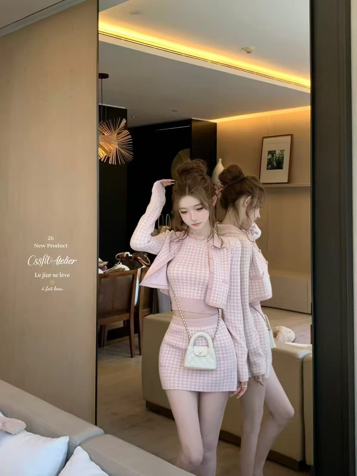 늦게 우산 우산 26 ss 바다 소금 향기로운 노래 주간 실크 양 털이 푸른 그리드 분말 그리드 오픈 가디건 조끼 반 스커트 3종 세트 그룹 상세 이미지 1