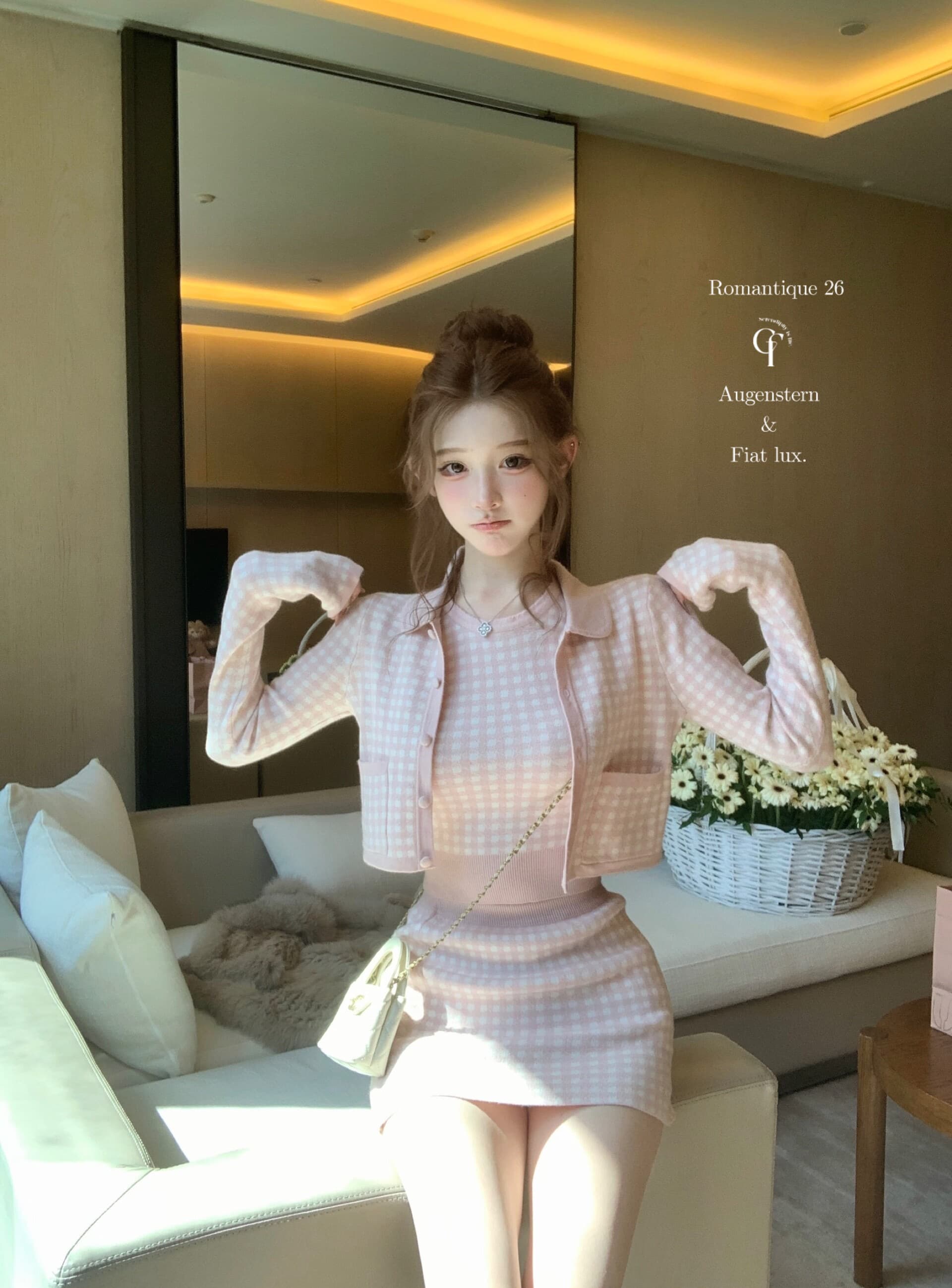 늦게 우산 우산 26 ss 바다 소금 향기로운 노래 주간 실크 양 털이 푸른 그리드 분말 그리드 오픈 가디건 조끼 반 스커트 3종 세트 그룹 상세 이미지 2