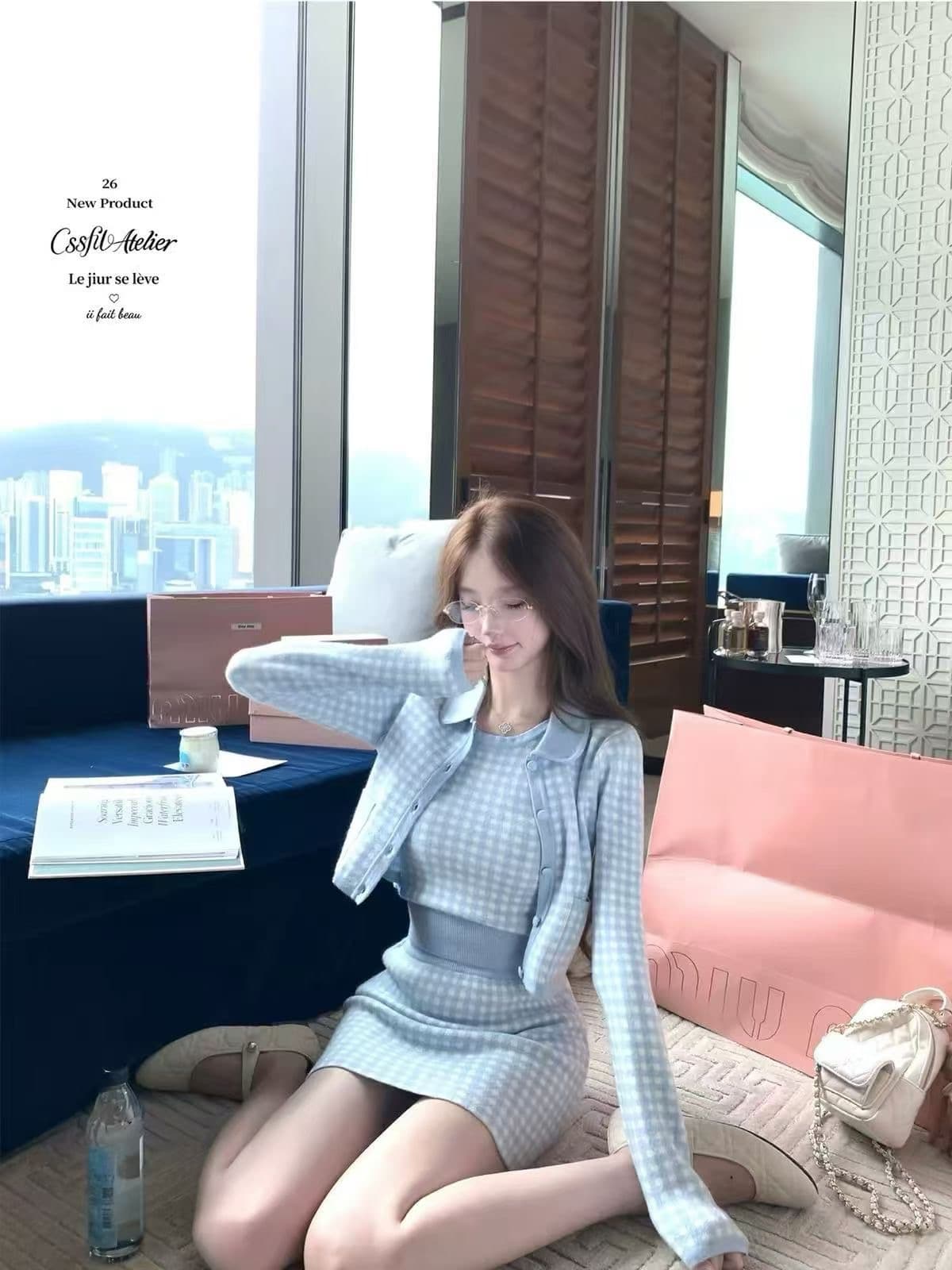 늦게 우산 우산 26 ss 바다 소금 향기로운 노래 주간 실크 양 털이 푸른 그리드 분말 그리드 오픈 가디건 조끼 반 스커트 3종 세트 그룹 상세 이미지 3
