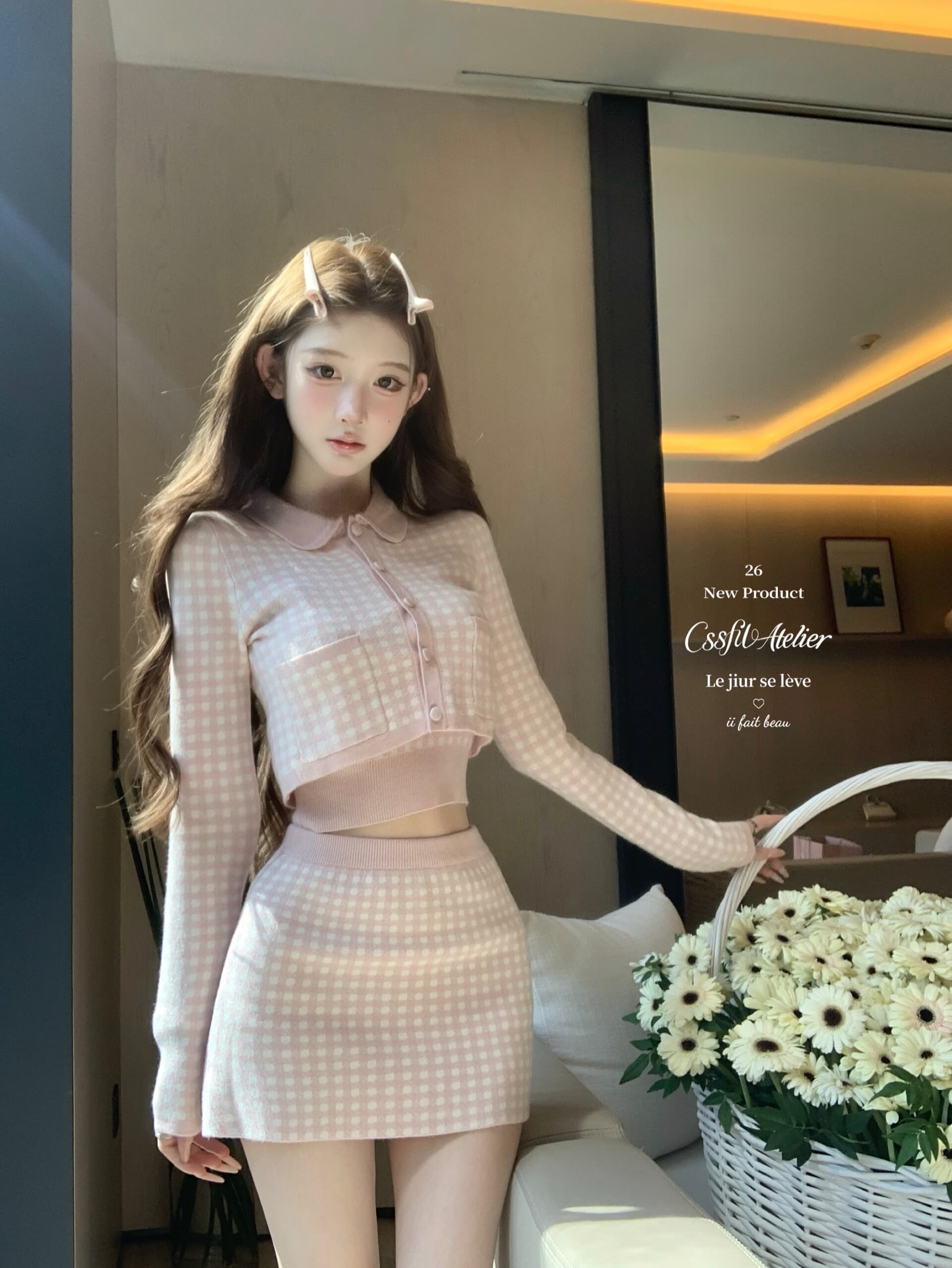 늦게 우산 우산 26 ss 바다 소금 향기로운 노래 주간 실크 양 털이 푸른 그리드 분말 그리드 오픈 가디건 조끼 반 스커트 3종 세트 그룹 상세 이미지 4