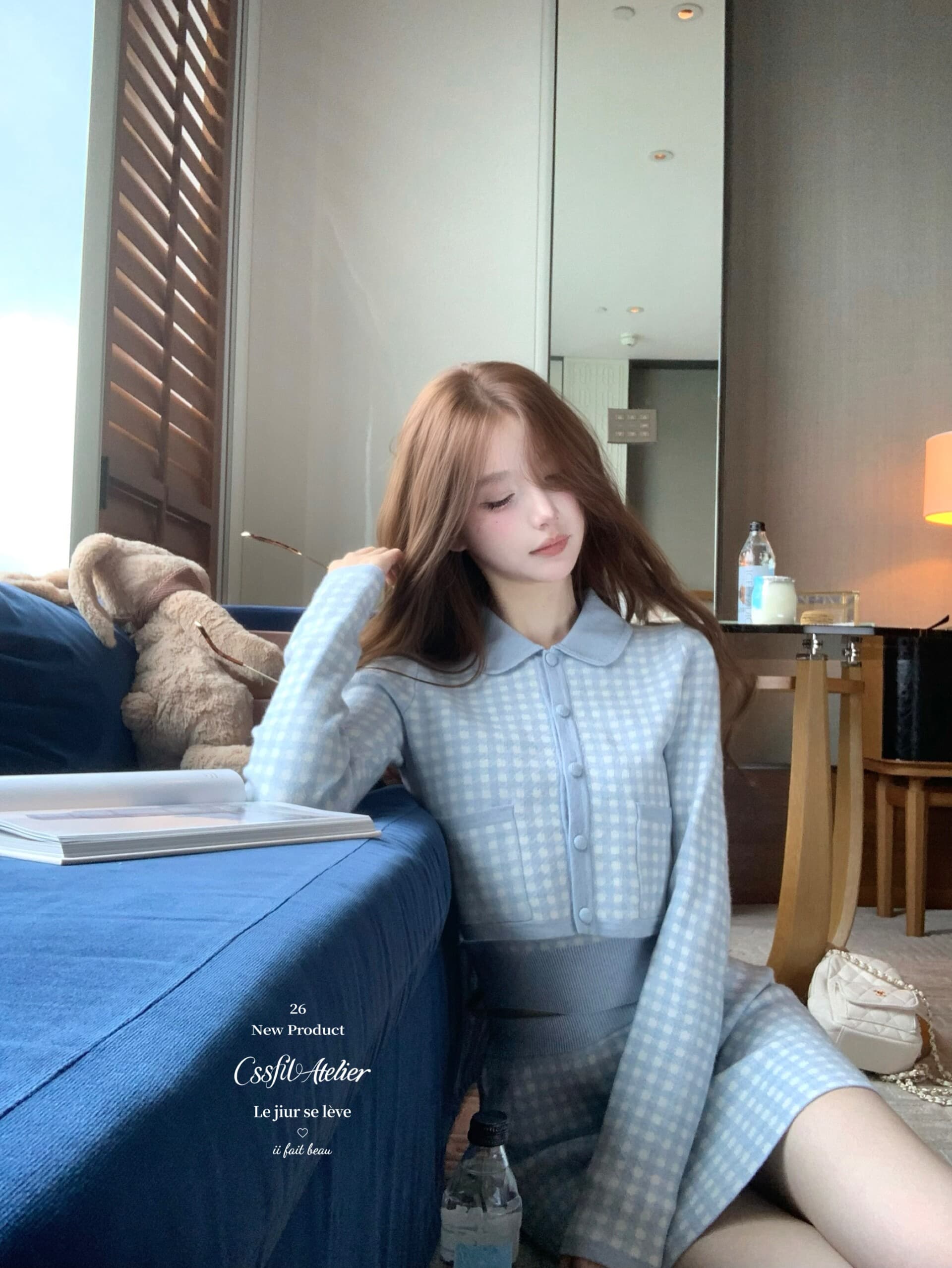 늦게 우산 우산 26 ss 바다 소금 향기로운 노래 주간 실크 양 털이 푸른 그리드 분말 그리드 오픈 가디건 조끼 반 스커트 3종 세트 그룹 상세 이미지 5