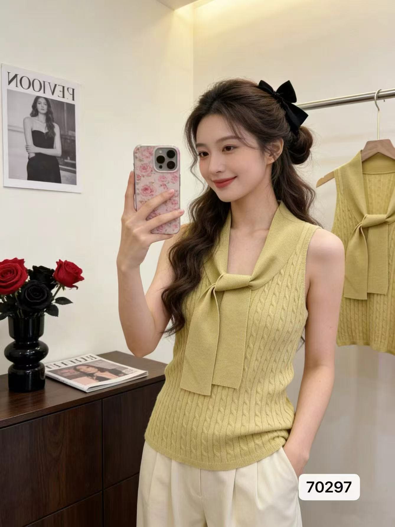 달콤한 핫걸 벨트 스카프 정오 소매 수직 곡물 니트 조끼 문예 지성 숙녀 2026 봄 아모이 ins 트렌디 ootdx 이미지 2