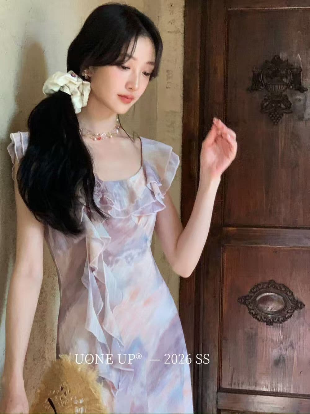 요정 쉬폰 보트넥 꽃무늬 프릴 리본 민소매 부드러운 드레스 2026 봄 아모이 ins 트렌디 otd 상세 이미지 8