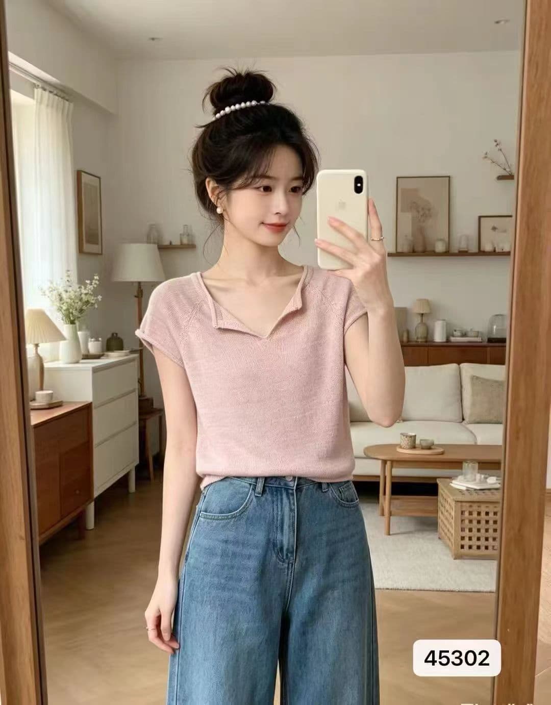 한 일본식 V넥 니트 티셔츠 풀오버 반팔 느긋한 바람 2026 봄 아모이 ins 트렌디 ootd 느슨함 센스 단색 b 상세 이미지 3