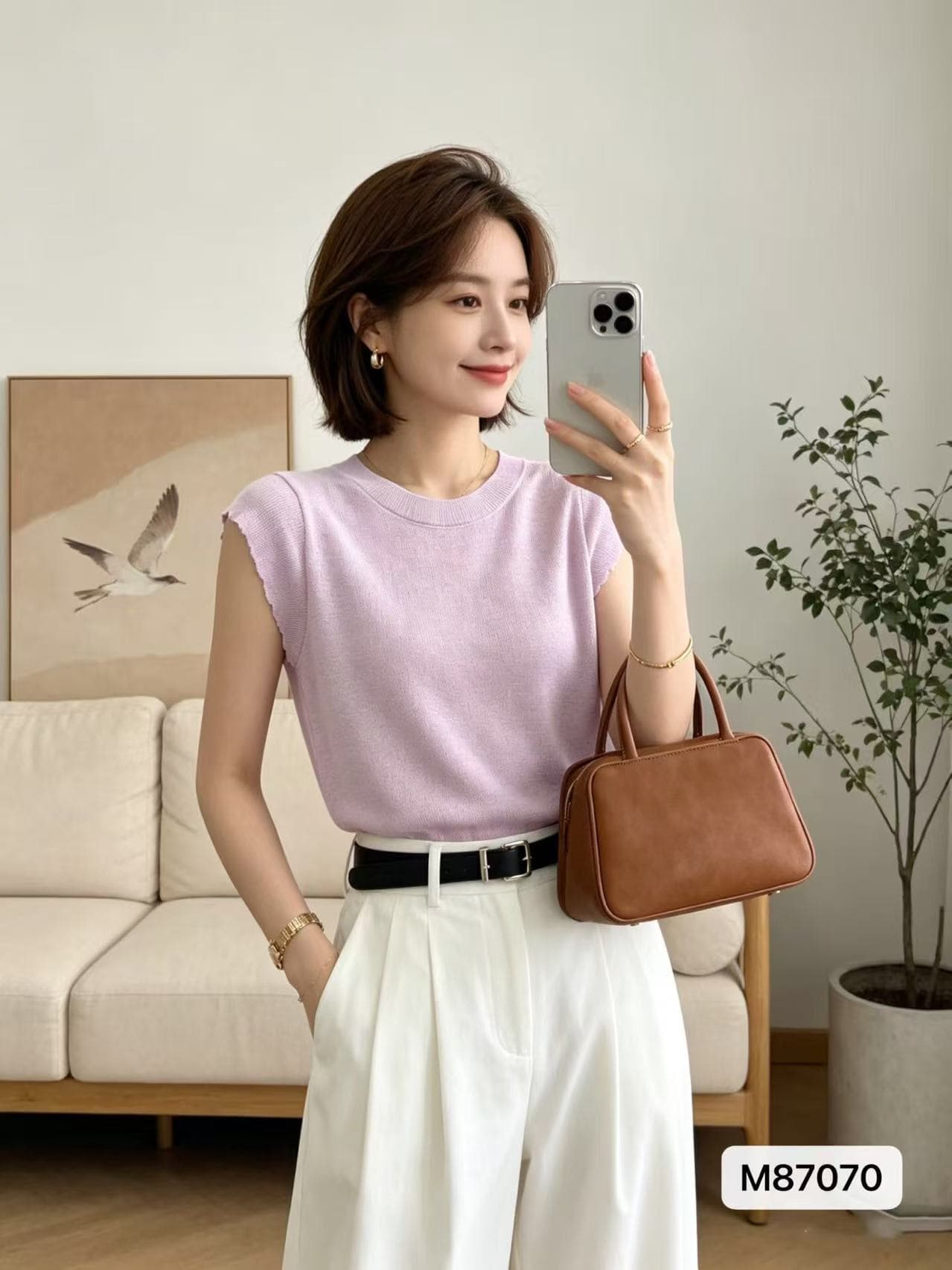 2026 봄 아모이 ins 트렌디 한 일본식 ootd 단색 라운드 넥 프릴 작은 날다 소매 니트 맨위 작은 키 c 상세 이미지 2