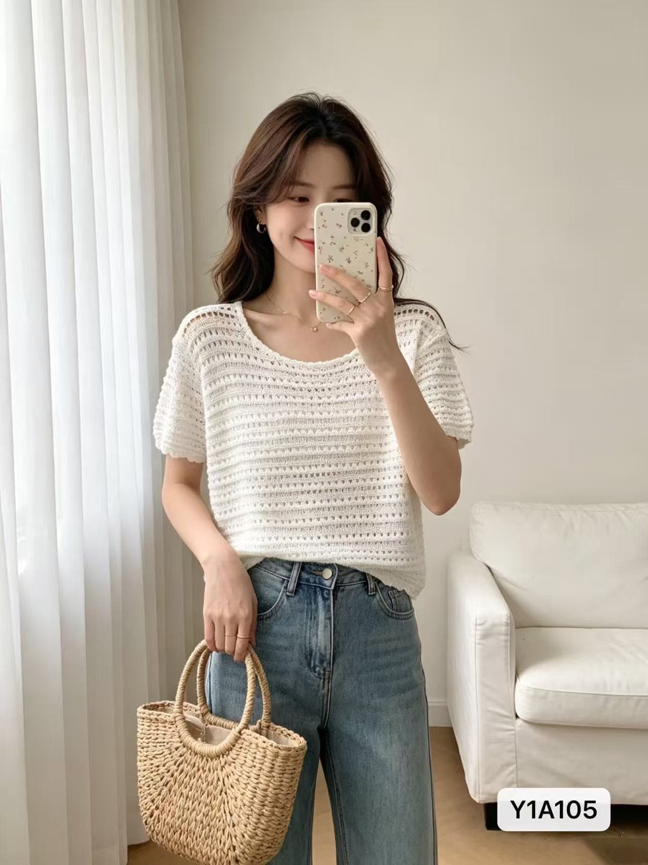 고유 한 Chic 개 치아 홀로우 아웃 니트 풀오버 반팔 2026 봄 아모이 ins 트렌디 한일 ootd 단색 다용도 t 이미지 4