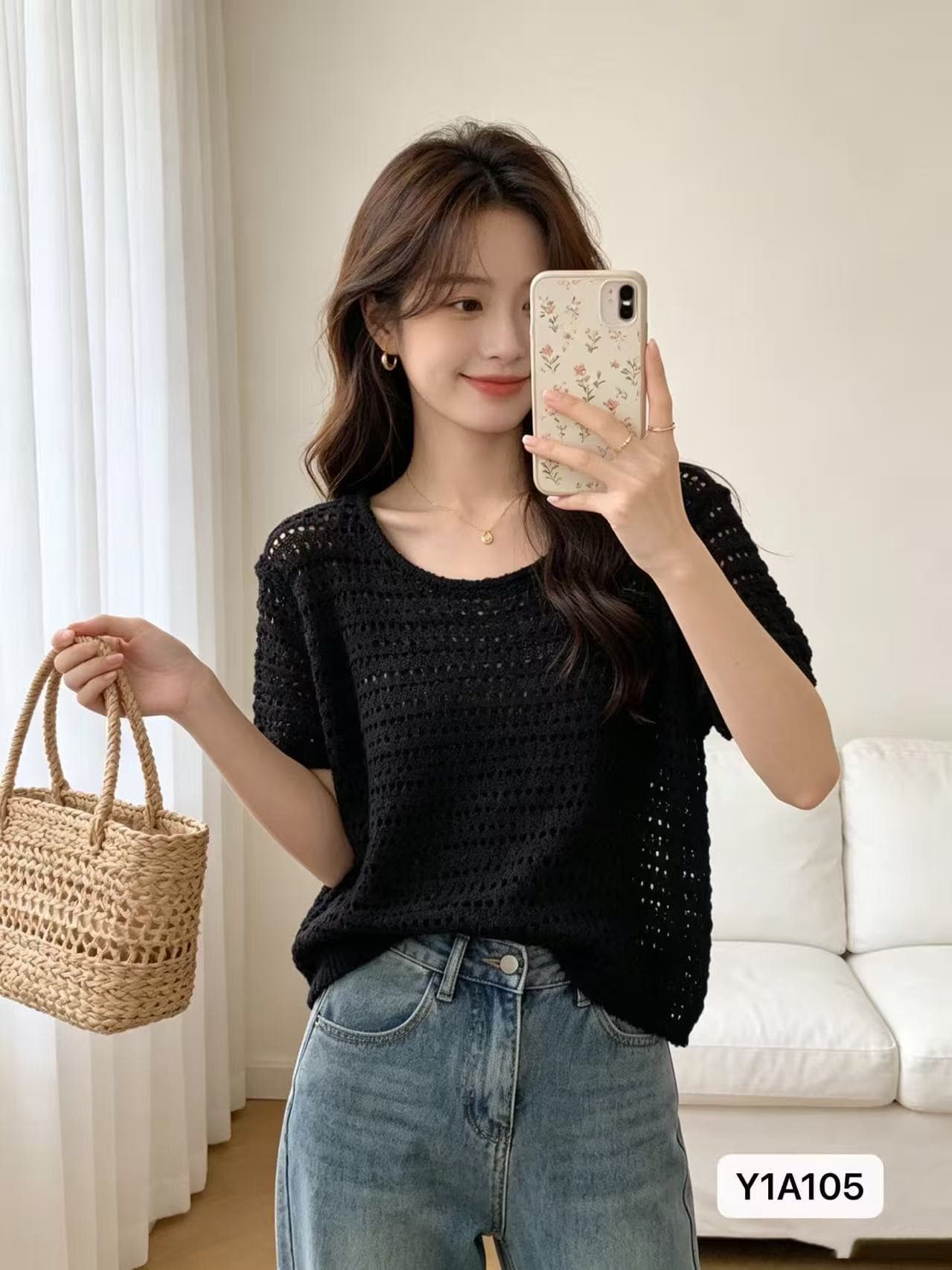 고유 한 Chic 개 치아 홀로우 아웃 니트 풀오버 반팔 2026 봄 아모이 ins 트렌디 한일 ootd 단색 다용도 t 상세 이미지 1