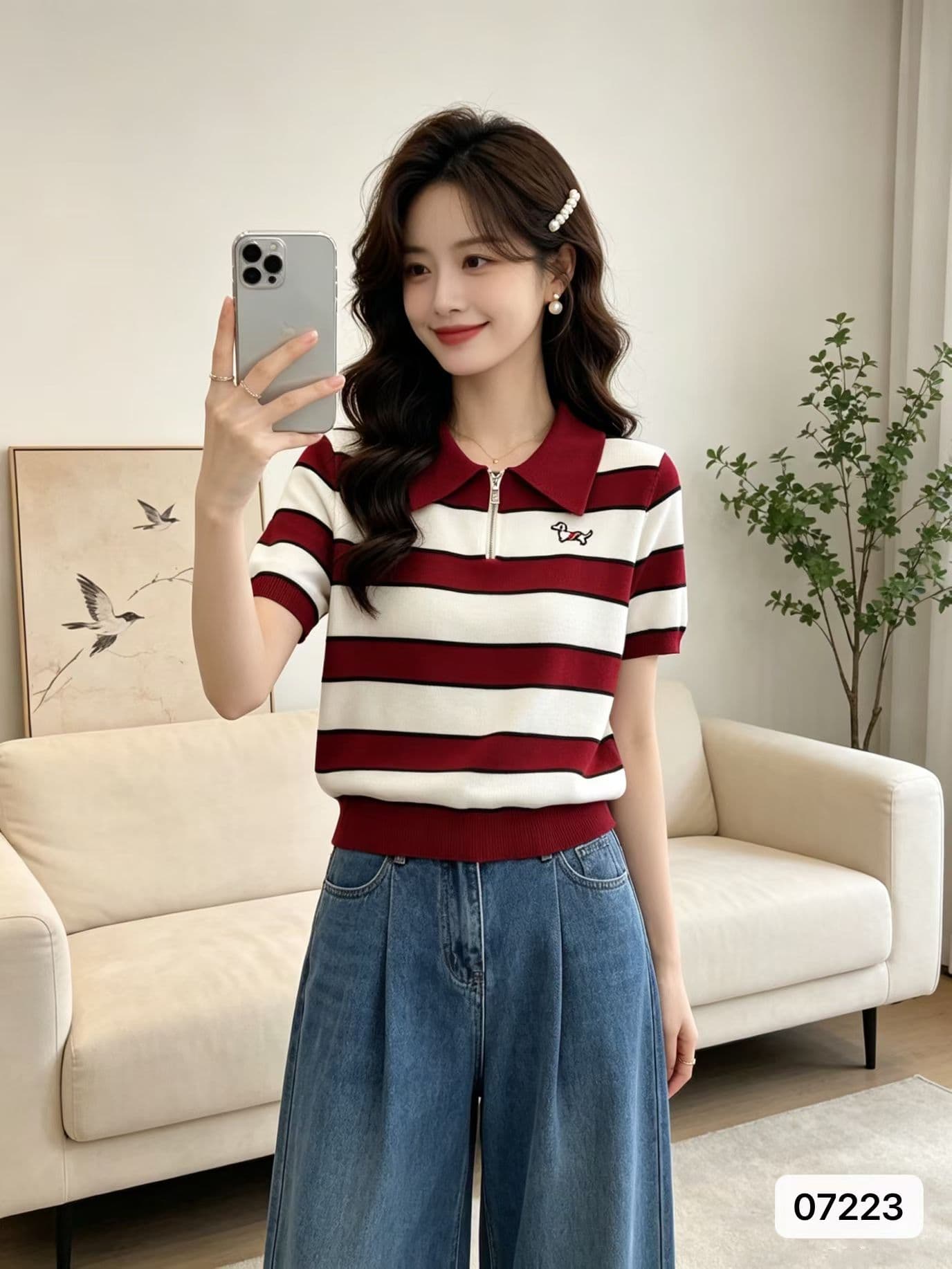 연령 감소 학원 스타일 폴로 칼라 지퍼 에디션 열린 가슴 강아지 자수 스트라이프 풀오버 반팔 니트 2026 년 봄 아모이 이미지 2