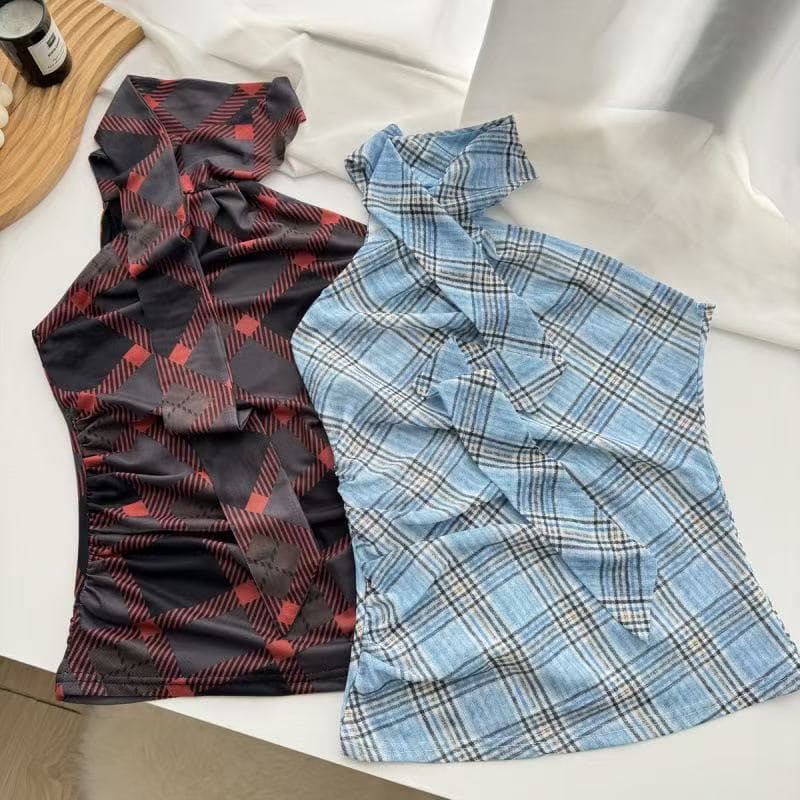 체크무늬 곡물 행침 목 조끼 한일 ootd 비스듬한 칼라 오프숄더 천년기 2026 아모이 ins 트렌디 스트랩 주름 장식 디자인 g 상세 이미지 3
