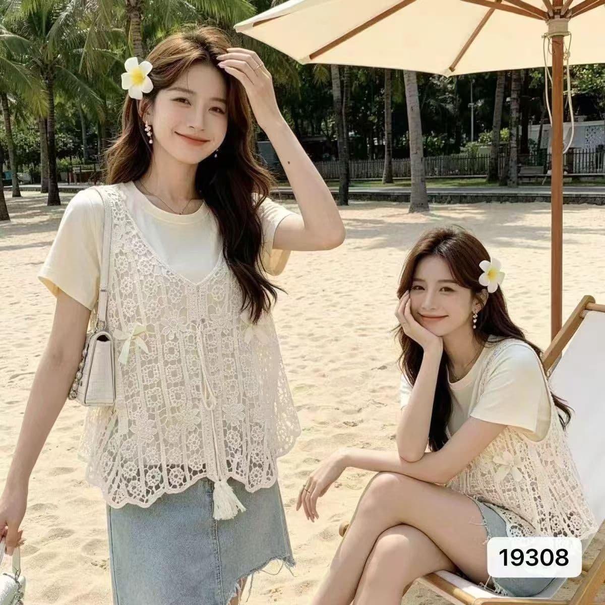 휴가 바람 V넥 레이스업 홀로우 아웃 자수 루즈핏 외부 가져 가라. 풀오버 조끼 2026 봄 아모이 ins 트렌디 한일 ootd 상세 이미지 2
