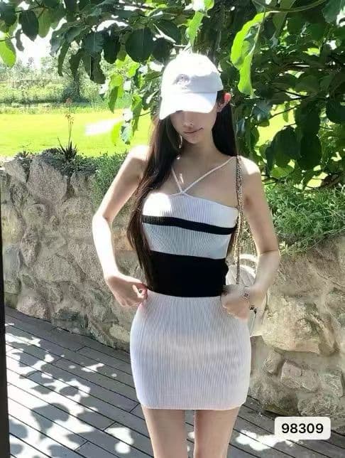 순수한 욕망 한 부서 ootd 패션 행침 목 니트 패치워크 색상 슬림해 보이는 드레스 타이트 스커트 2026 년 새로운 ins 트렌디 소녀 k 이미지 3