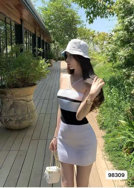 순수한 욕망 한 부서 ootd 패션 행침 목 니트 패치워크 색상 슬림해 보이는 드레스 타이트 스커트 2026 년 새로운 ins 트렌디 소녀 k 상세 이미지 1